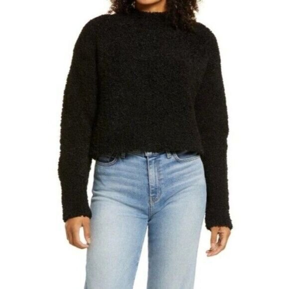 Halogen Boucle Cropped Teddy Bear Sweater, Black, L - Picture 2 of 9